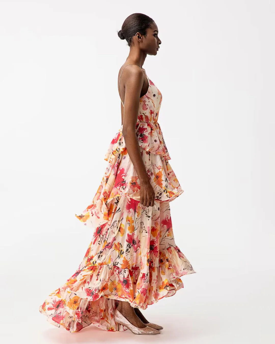 Designer pink floral deep V-neck maxi resortwear dress | JessieQ