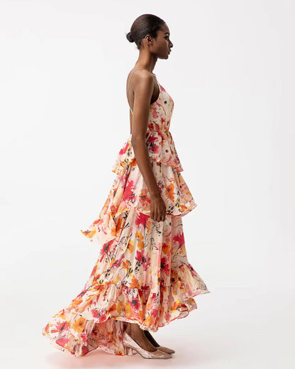 Designer pink floral deep V-neck maxi resortwear dress | JessieQ