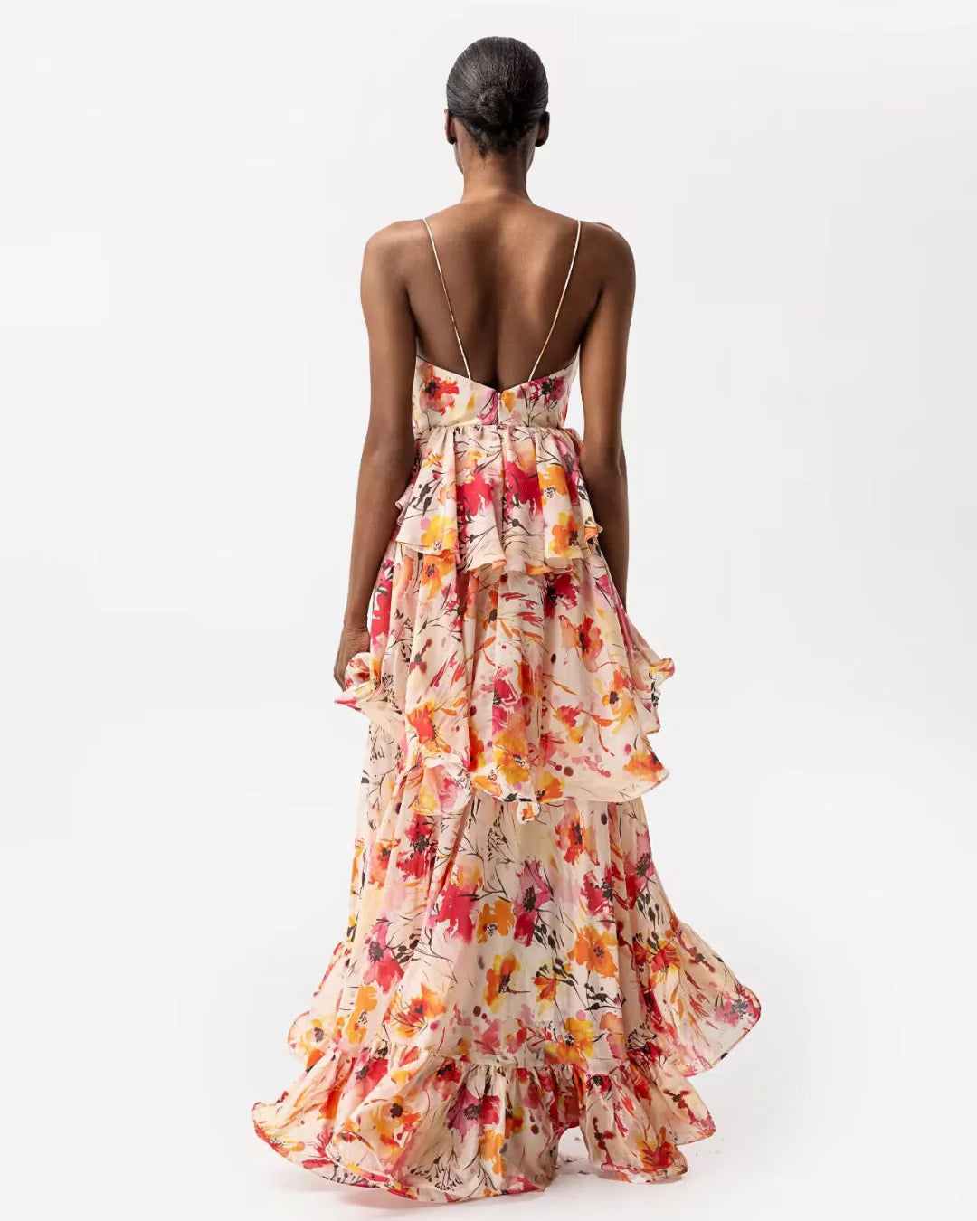 Designer pink floral deep V-neck maxi resortwear dress | JessieQ