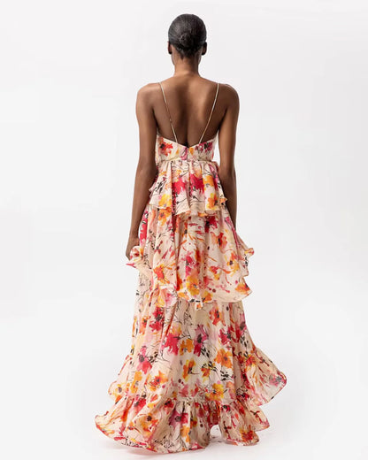 Designer pink floral deep V-neck maxi resortwear dress | JessieQ