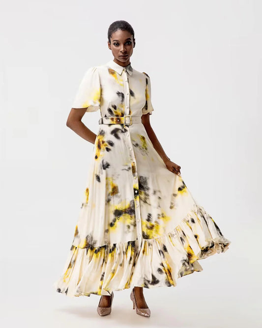 Designer white short sleeve maxi shirt dress with black and yellow patches | JessieQ