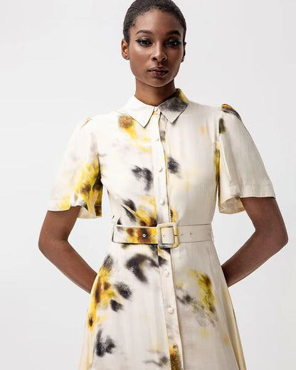 Designer white short sleeve maxi shirt dress with black and yellow patches | JessieQ