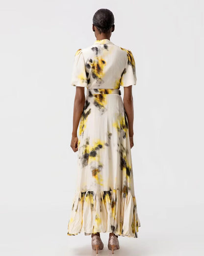 Designer white short sleeve maxi shirt dress with black and yellow patches | JessieQ