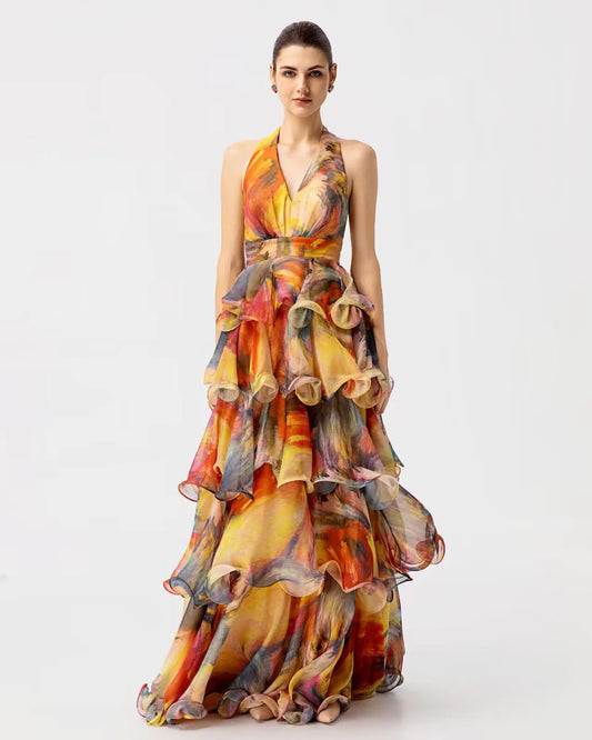 Orange and yellow ruffled designer maxi resortwear dress | JessieQ