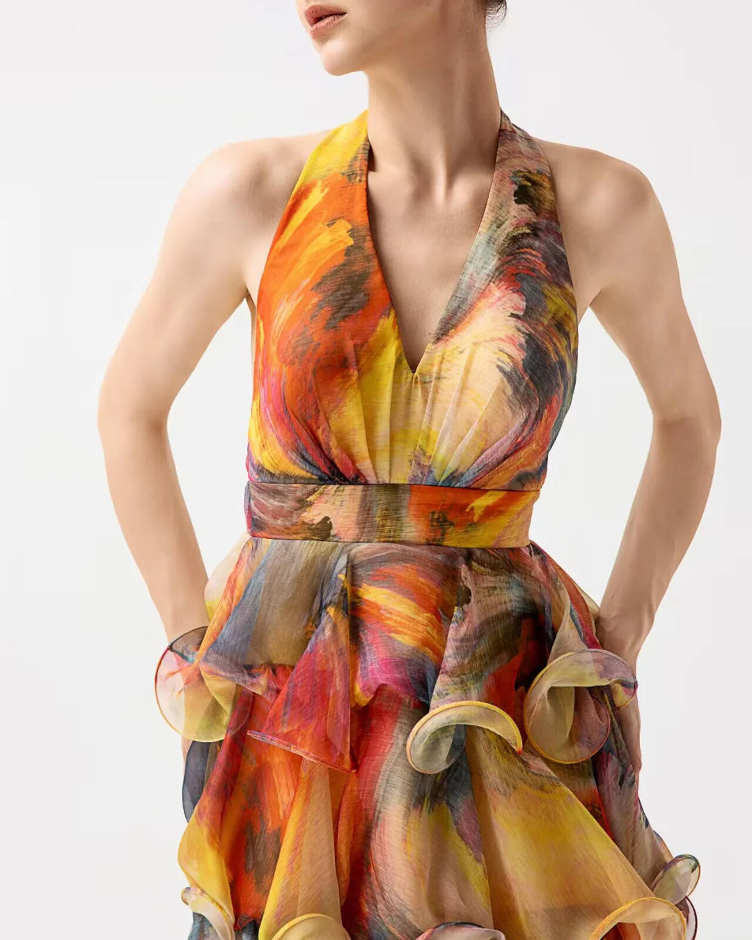 Orange and yellow ruffled designer maxi resortwear dress | JessieQ