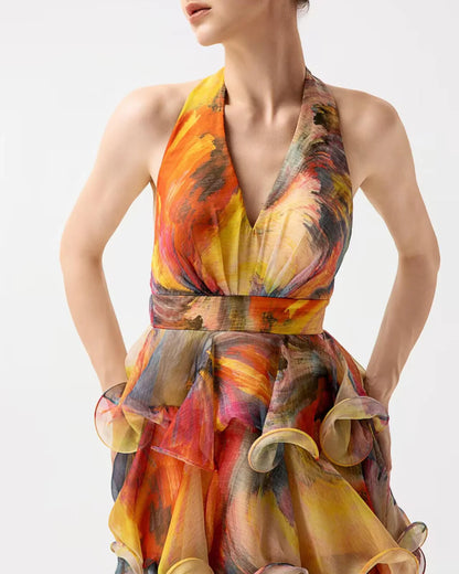 Orange and yellow ruffled designer maxi resortwear dress | JessieQ