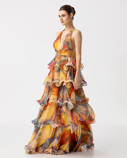 Orange and yellow ruffled designer maxi resortwear dress | JessieQ