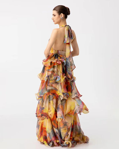 Orange and yellow ruffled designer maxi resortwear dress | JessieQ