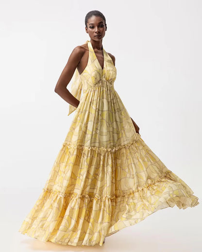 V-neck maxi yellow designer resortwear dress | JessieQ