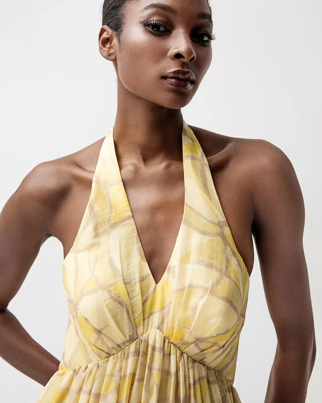 V-neck maxi yellow designer resortwear dress | JessieQ