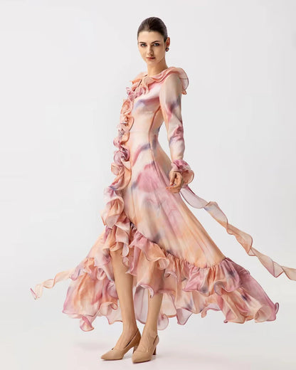 Pink long sleeve maxi ruffled designer resortwear dress | JessieQ