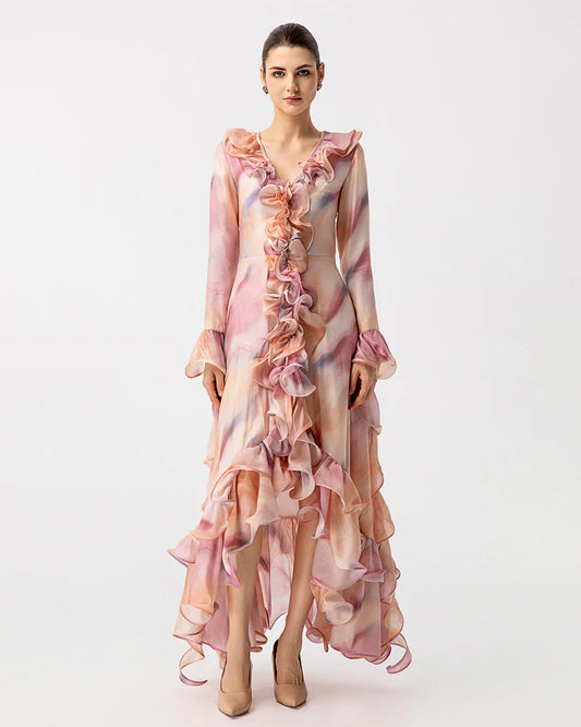 Pink long sleeve maxi ruffled designer resortwear dress | JessieQ