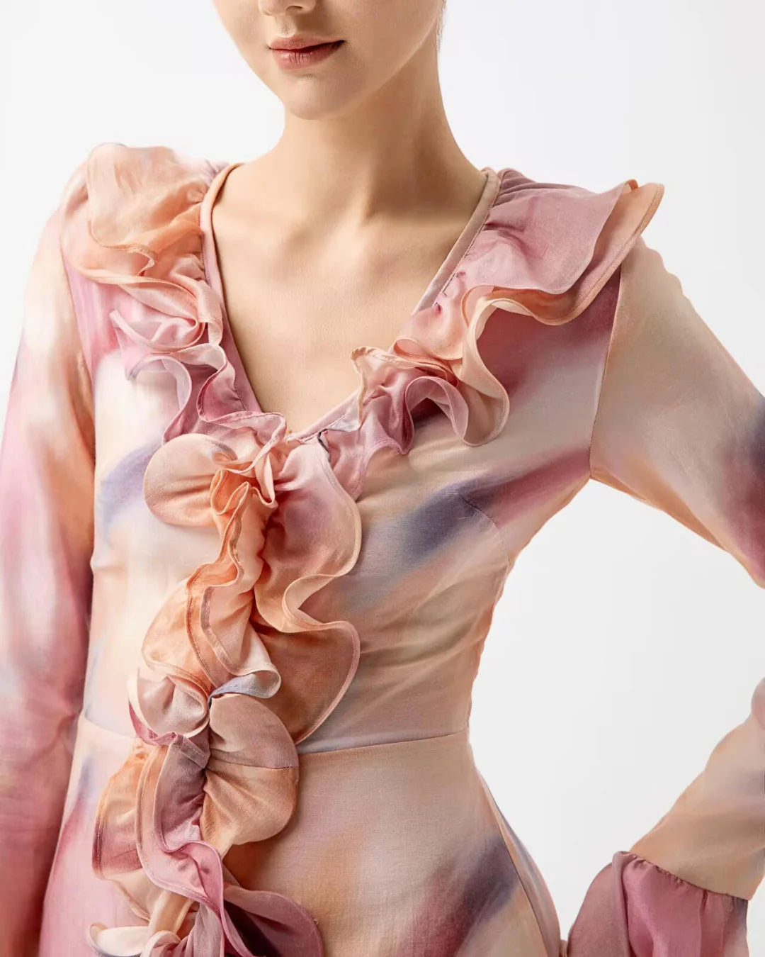 Pink long sleeve maxi ruffled designer resortwear dress | JessieQ