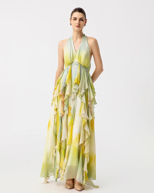 Green and yellow halter neck ruffled maxi dress | JessieQ