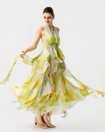 Green and yellow halter neck ruffled maxi dress | JessieQ