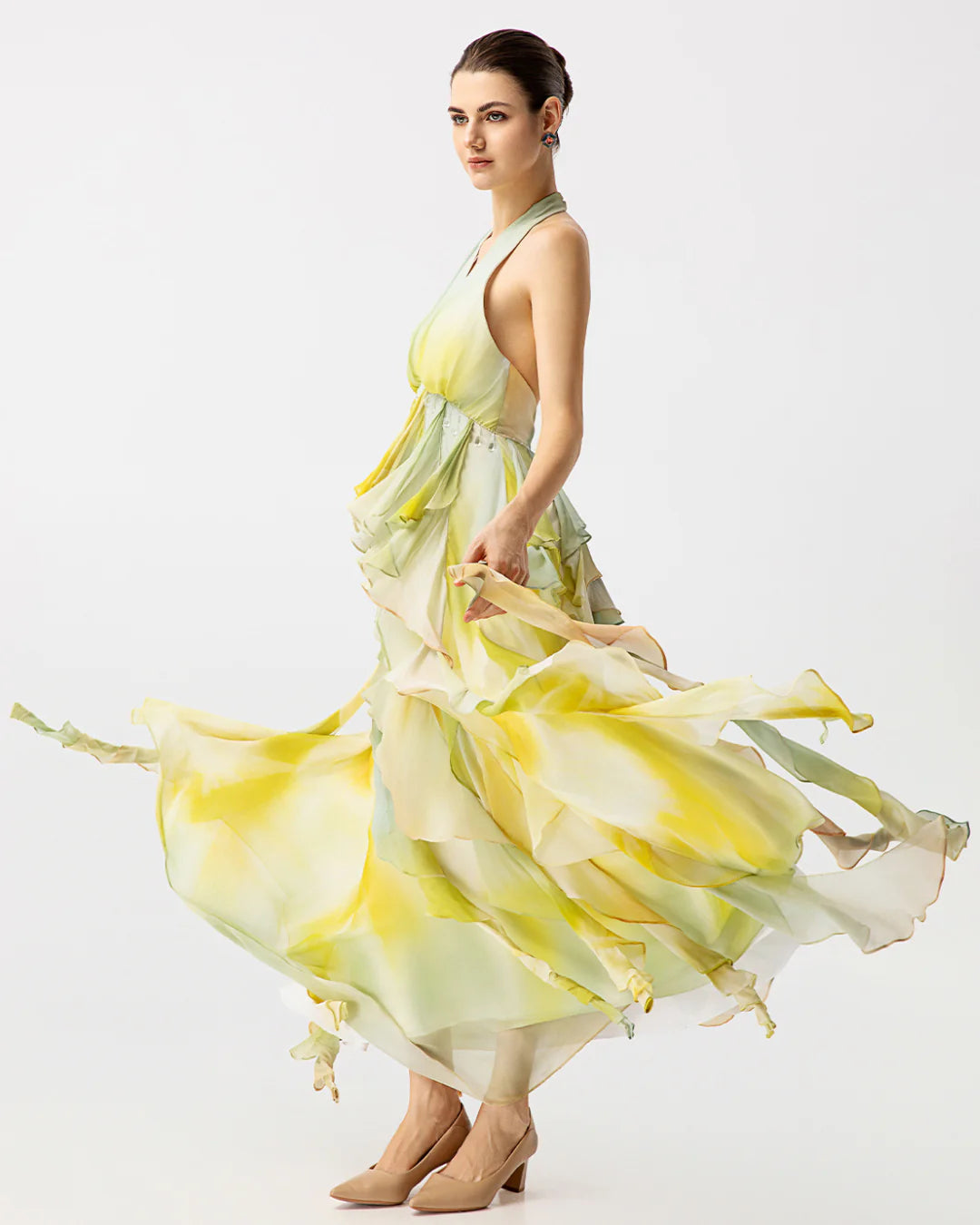 Green and yellow halter neck ruffled maxi dress | JessieQ
