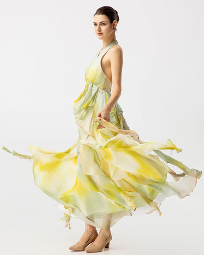 Green and yellow halter neck ruffled maxi dress | JessieQ