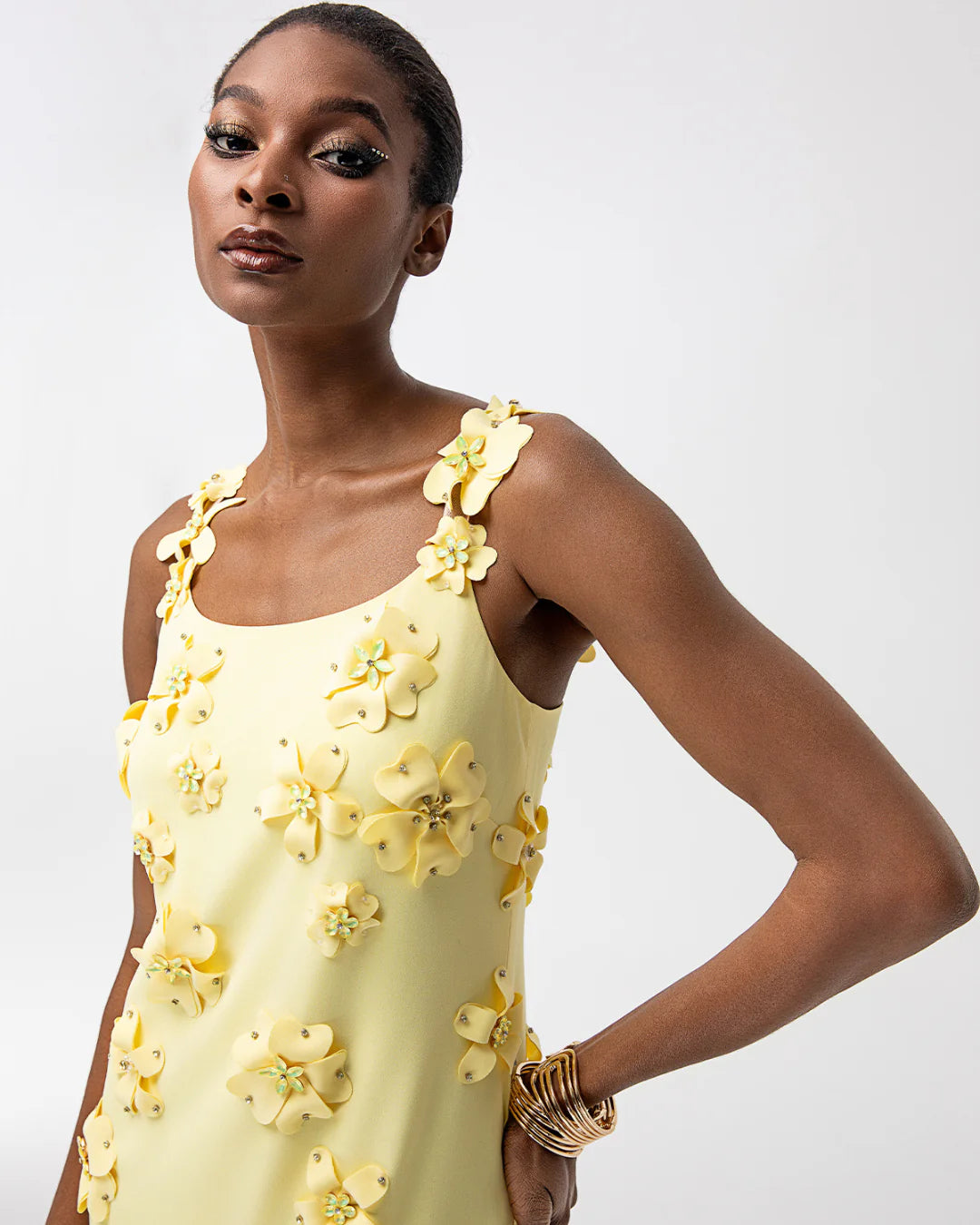 Yellow designer mini dress with 3D flowers | JessieQ