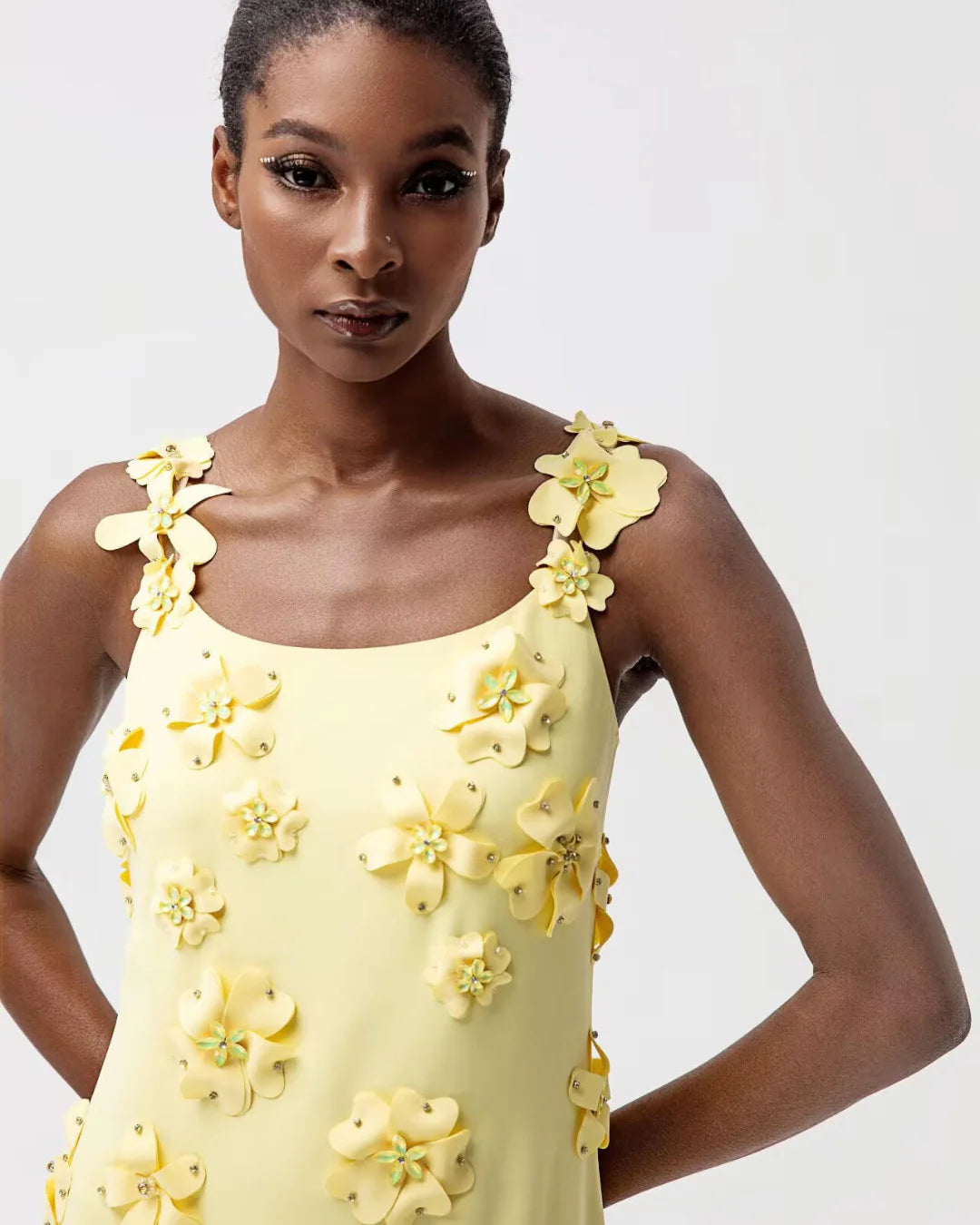 Yellow designer mini dress with 3D flowers | JessieQ