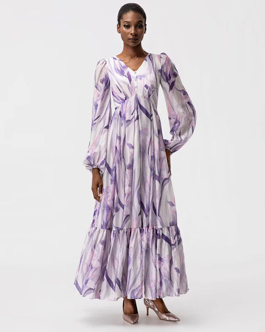 Purple floral print ruffled maxi designer resortwear dress | JessieQ
