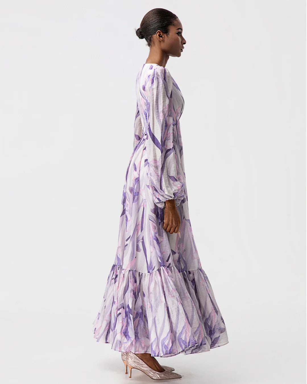 Purple floral print ruffled maxi designer resortwear dress | JessieQ