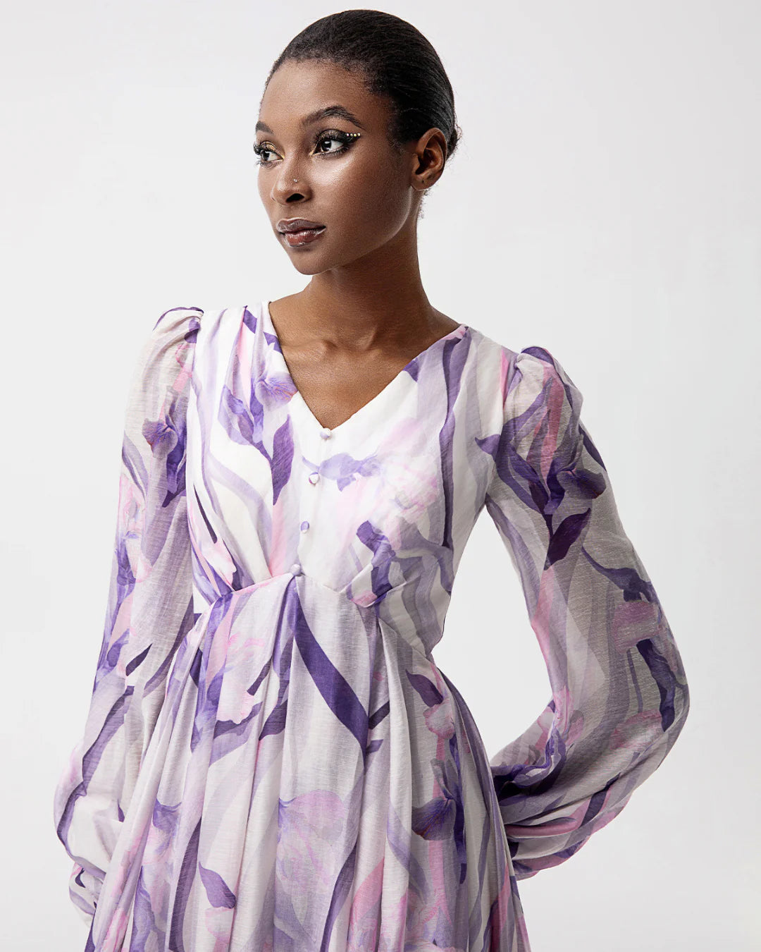 Purple floral print ruffled maxi designer resortwear dress | JessieQ