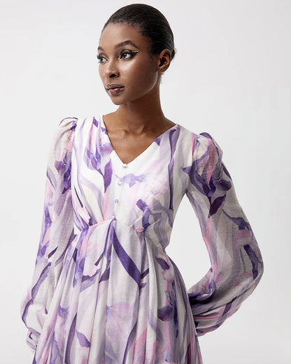 Purple floral print ruffled maxi designer resortwear dress | JessieQ