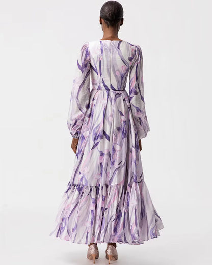 Purple floral print ruffled maxi designer resortwear dress | JessieQ