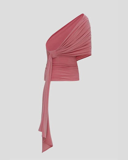 Pink one-shoulder diagonal draping women's designer blouse | LIKA luxury brand