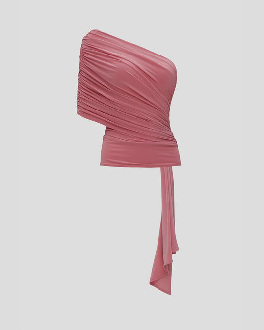 Pink one-shoulder diagonal draping women's designer blouse | LIKA luxury brand