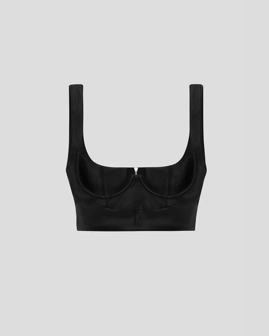 Designer black vegan leather cropped corset top | LIKA luxury brand