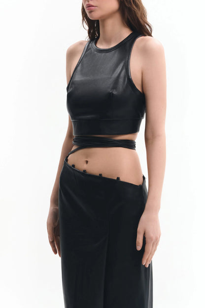 Black vegan leather women's designer crop top | LIKA luxury brand