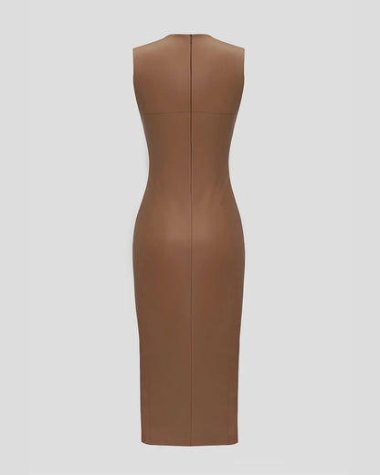 Beige eco leather designer form fitting midi dress | LIKA luxury brand