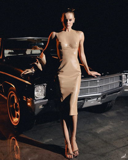 Beige eco leather designer form fitting midi dress | LIKA luxury brand