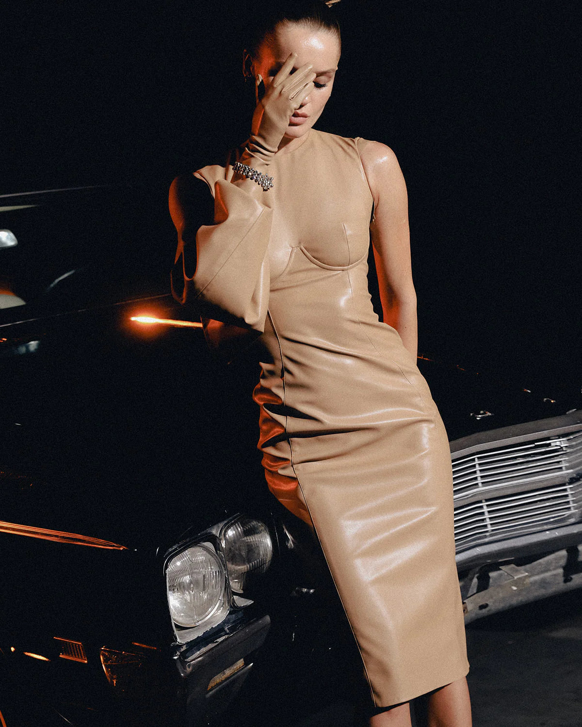 Beige eco leather designer form fitting midi dress | LIKA luxury brand