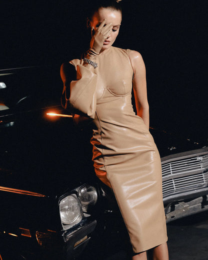 Beige eco leather designer form fitting midi dress | LIKA luxury brand