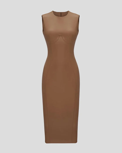 Beige eco leather designer form fitting midi dress | LIKA luxury brand