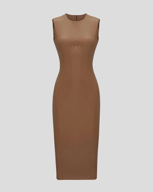 Beige eco leather designer form fitting midi dress | LIKA luxury brand