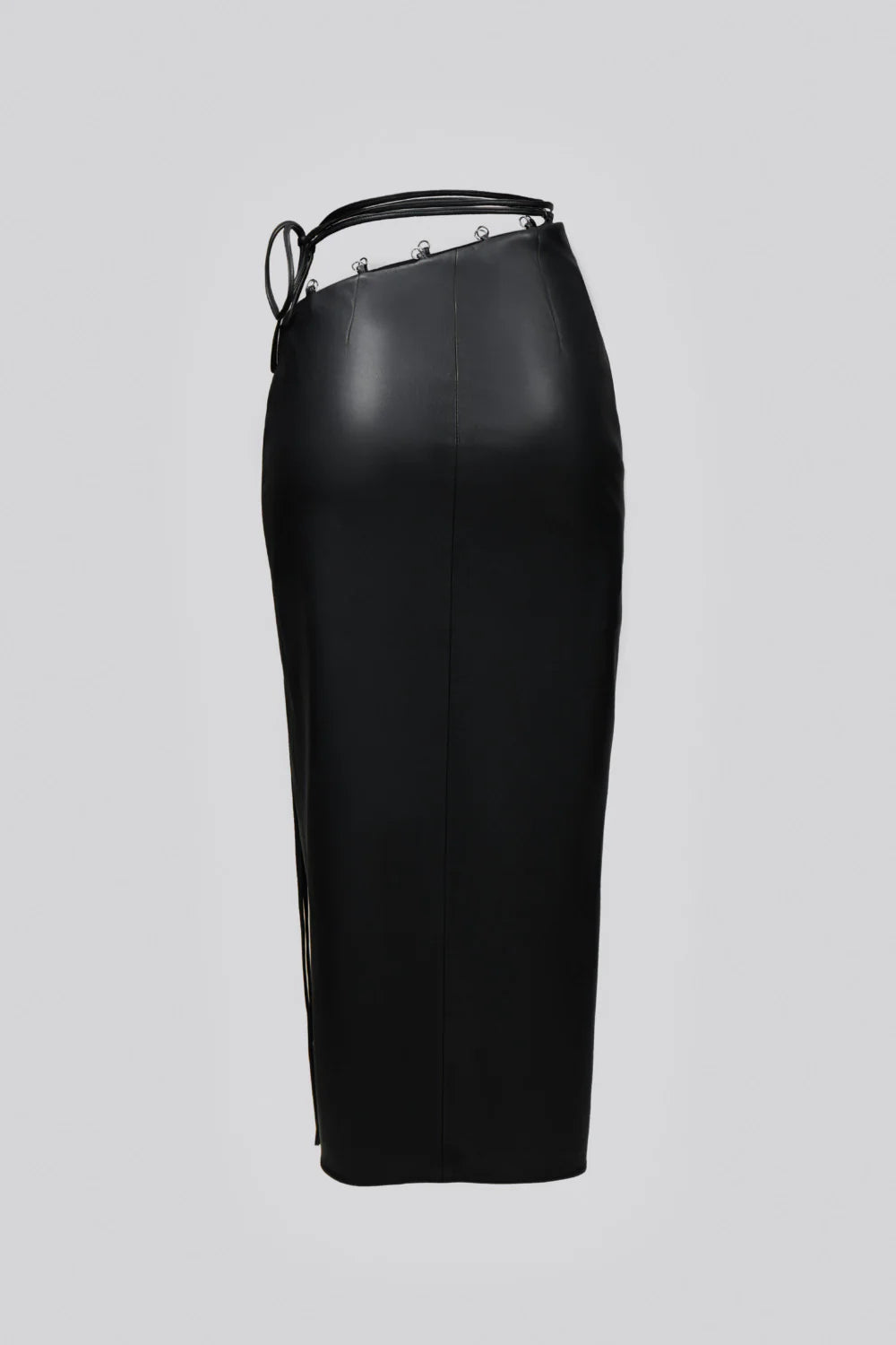 Black vegan leather pencil skirt with ties | LIKA luxury brand