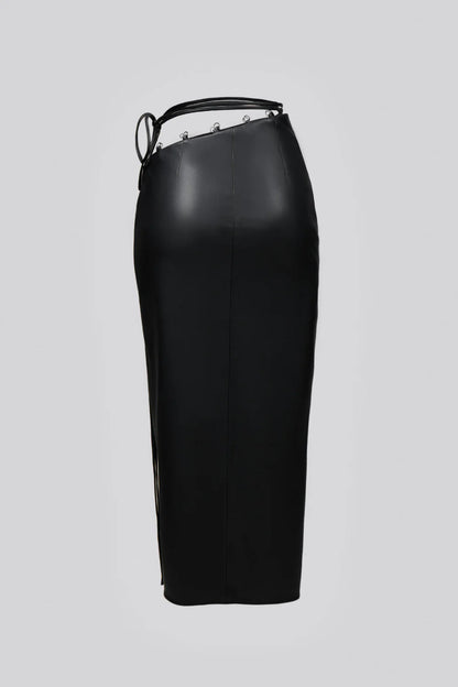 Black vegan leather pencil skirt with ties | LIKA luxury brand