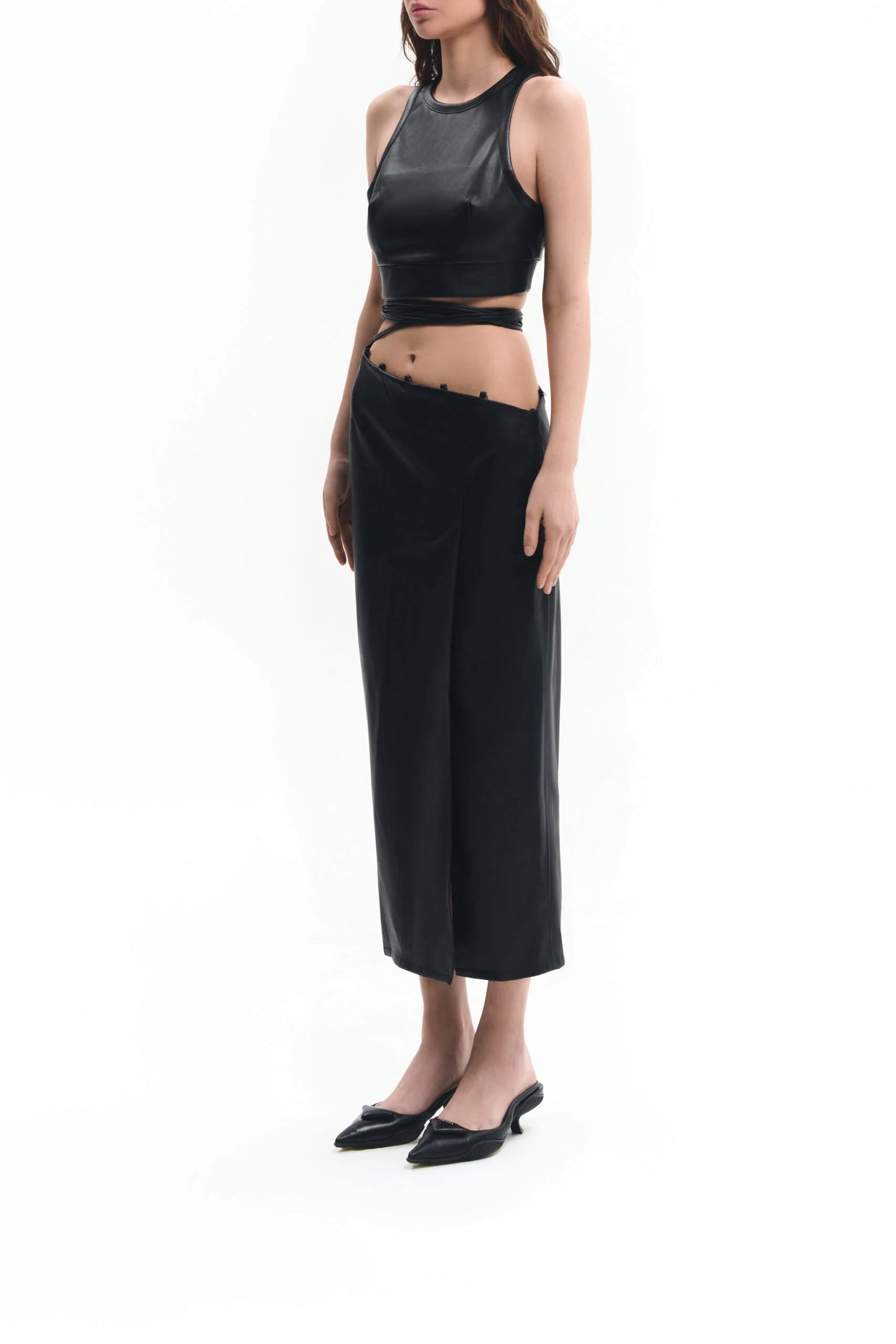 Black vegan leather pencil skirt with ties | LIKA luxury brand