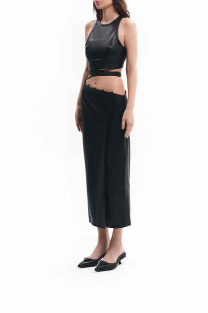 Black vegan leather pencil skirt with ties | LIKA luxury brand