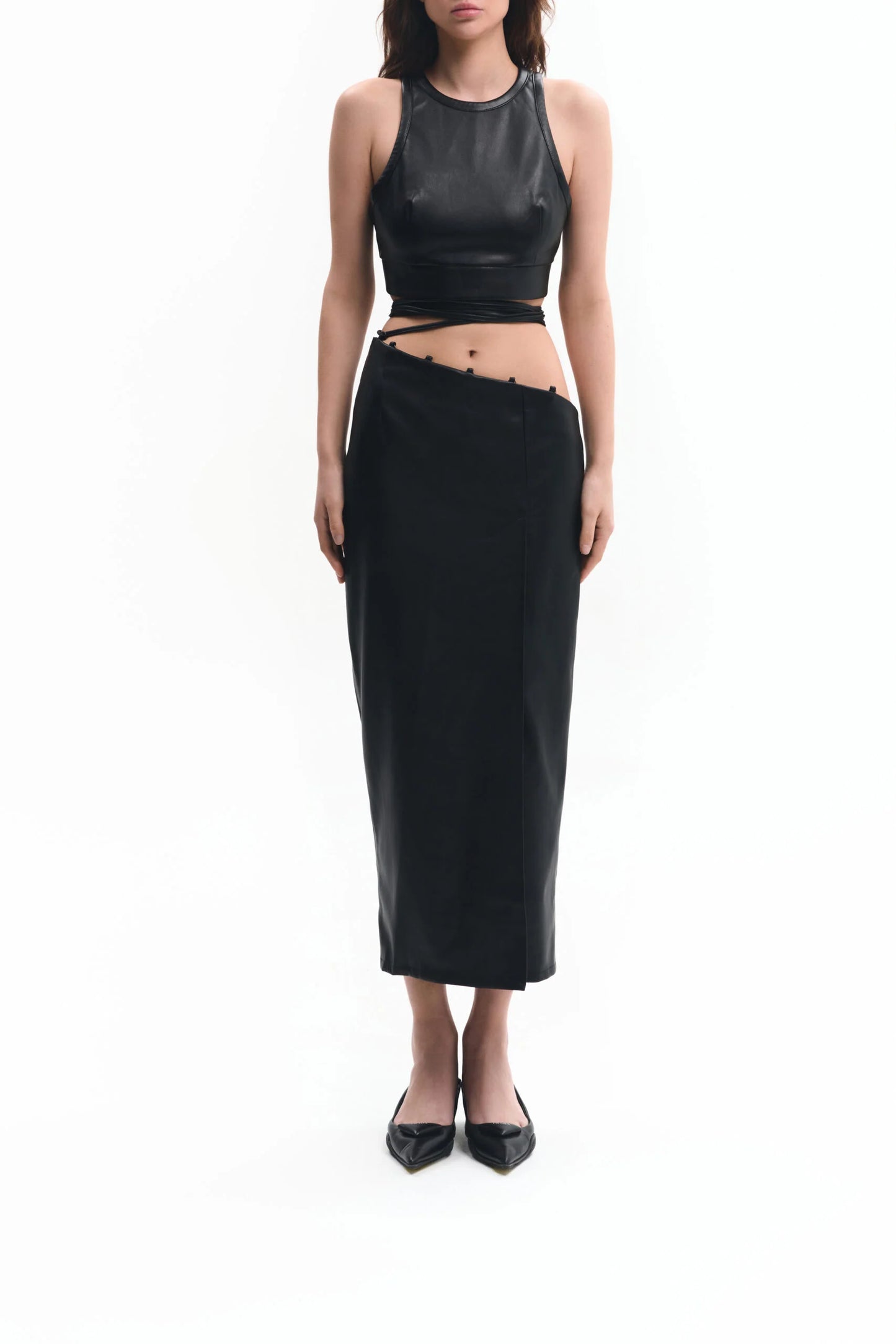 Black vegan leather pencil skirt with ties | LIKA luxury brand