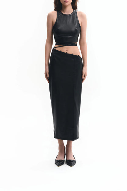 Black vegan leather pencil skirt with ties | LIKA luxury brand