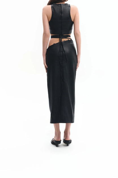 Black vegan leather pencil skirt with ties | LIKA luxury brand