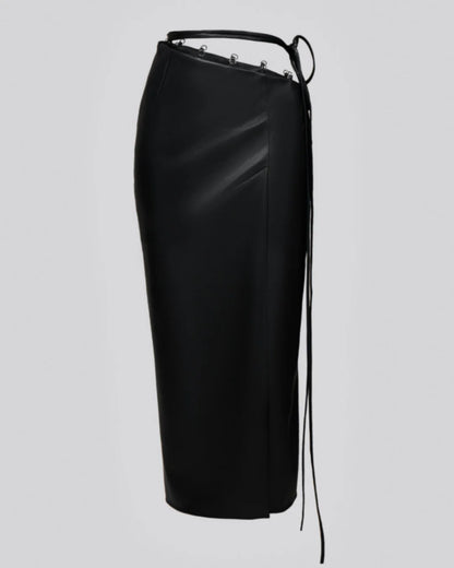 Black vegan leather pencil skirt with ties | LIKA luxury brand