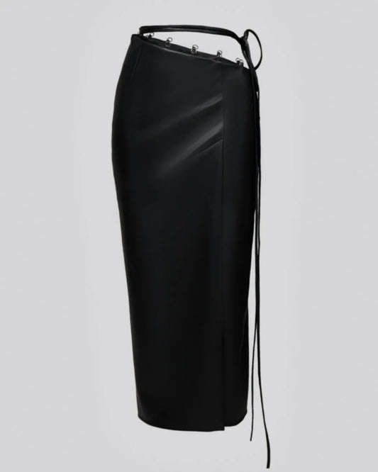 Black vegan leather pencil skirt with ties | LIKA luxury brand