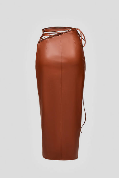 Black vegan leather pencil skirt with ties | LIKA luxury brand
