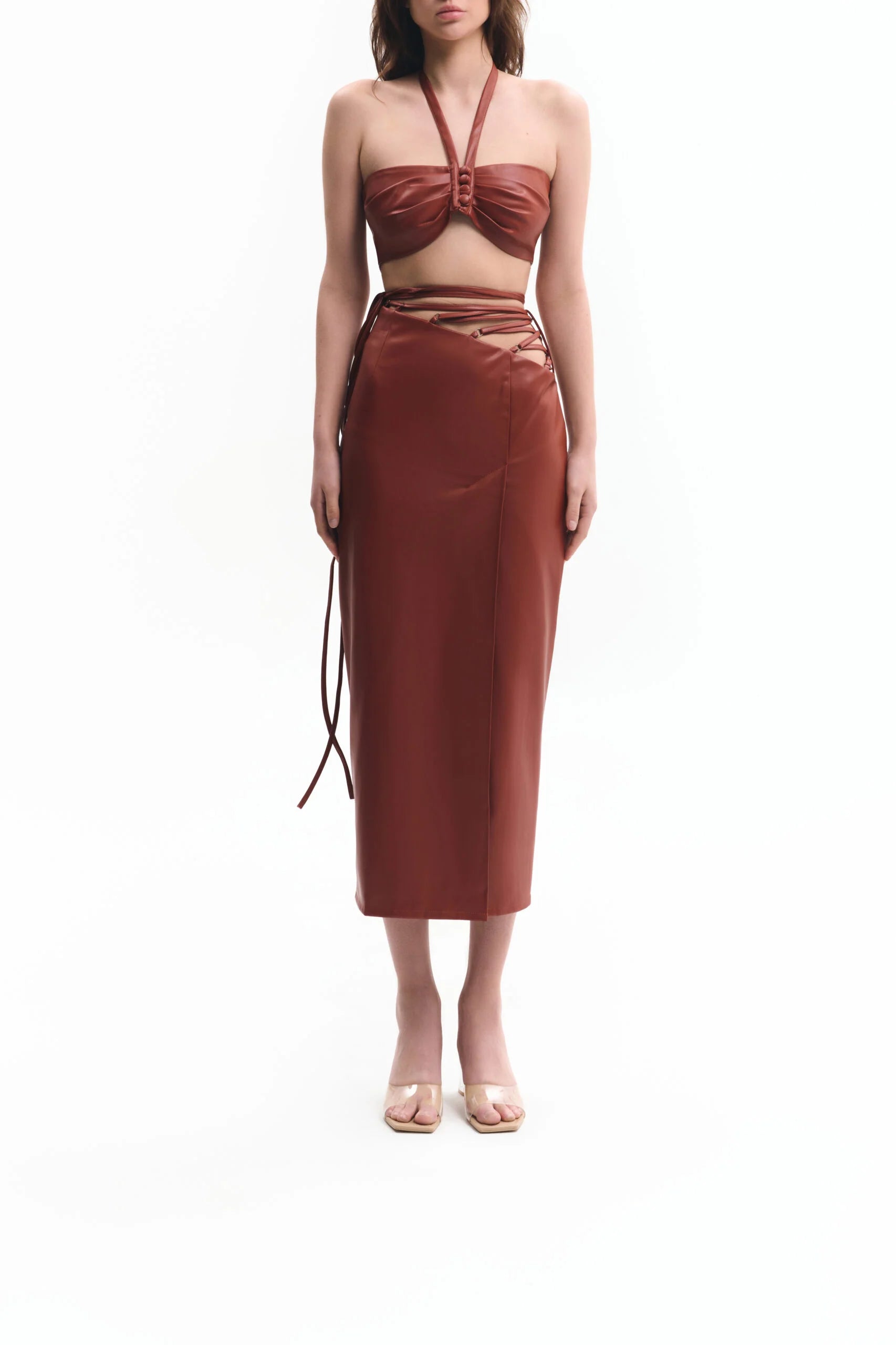 Black vegan leather pencil skirt with ties | LIKA luxury brand
