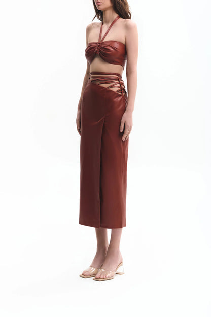 Black vegan leather pencil skirt with ties | LIKA luxury brand